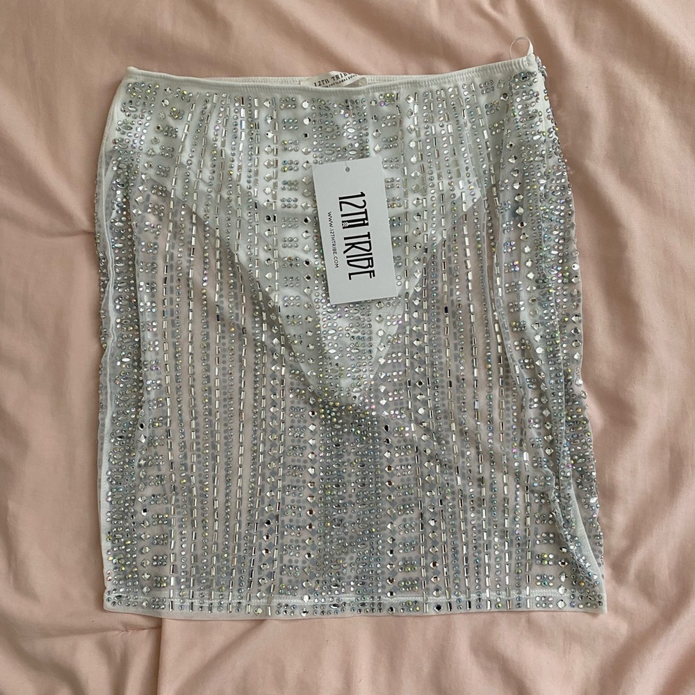 NWT 12th Tribe White Violet Rhinestone Mesh Miniskirt